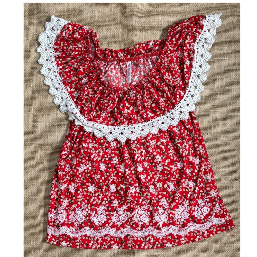 Red Floral Shirt Small Medium Lace Ruffle Tier Trim Folk Peasant Cottage Core